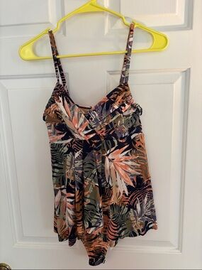 Garnet Hill Tropical Leaf One-Piece Swimsuit in Black, Olive & Coral